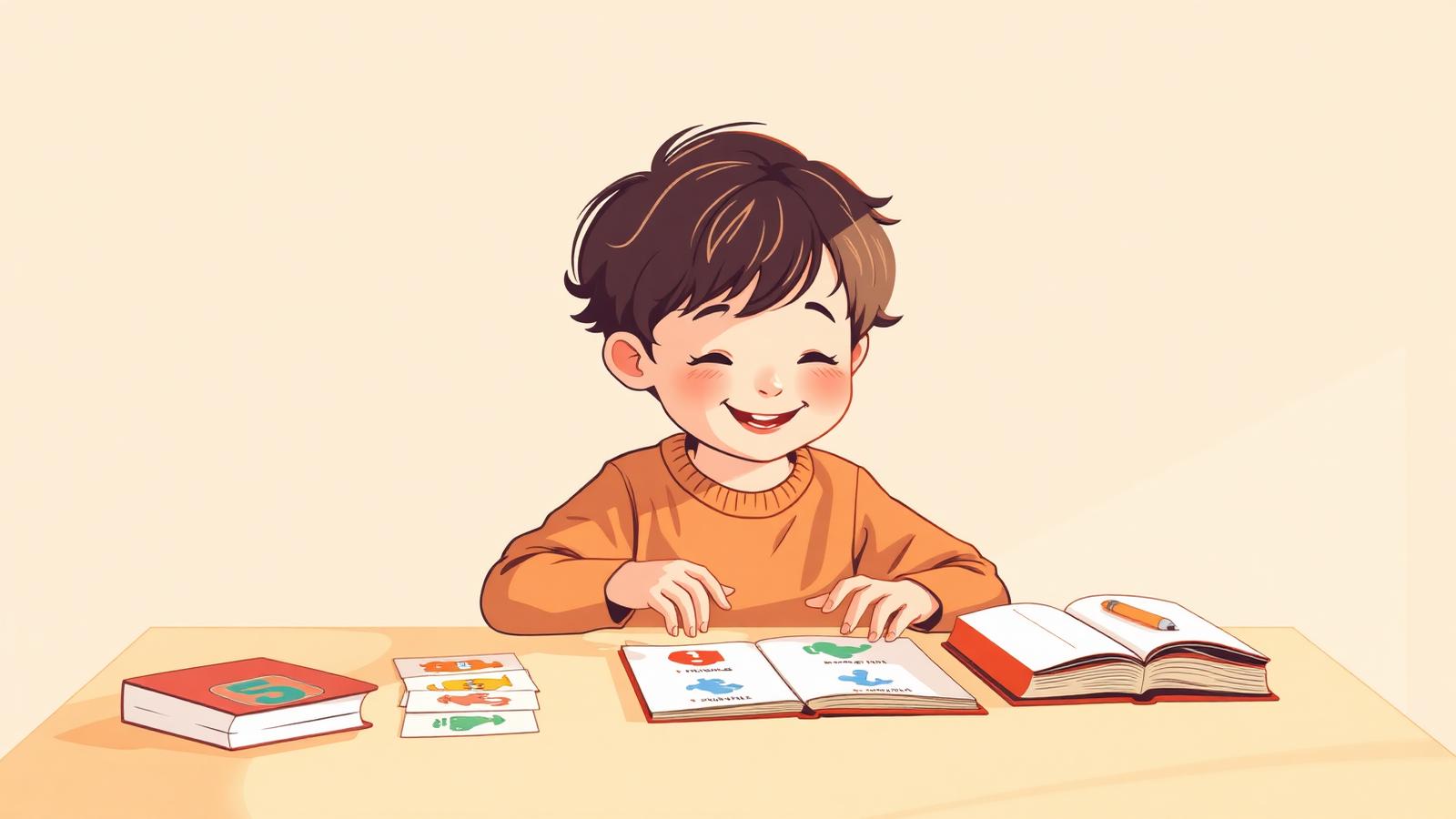 Ребёнок увлечённо играет в игру на английском языке за столом