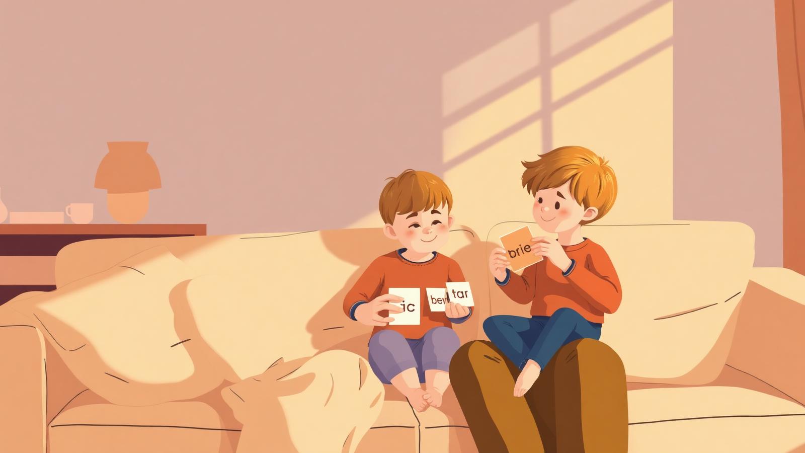 Родитель и ребёнок играют дома в карточную игру на английском языке