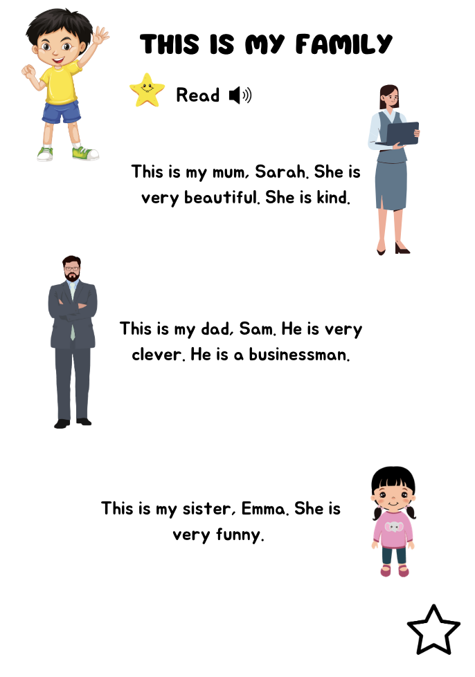 Страница тетради I can speak English 1 «This is my family» с текстом для чтения и значком аудио