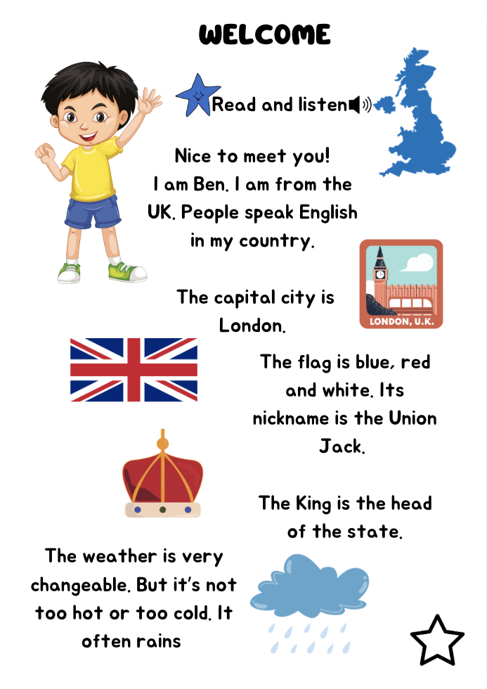 “Welcome” page from I can speak English 2 with a Read and listen task and a text about the UK