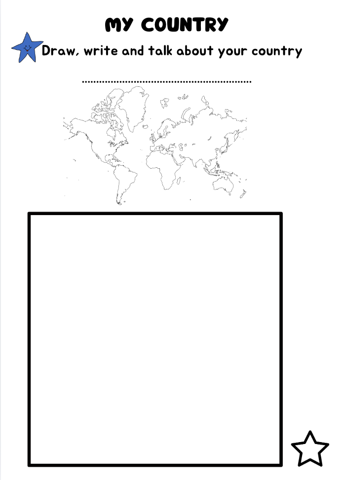 “My country — draw, write and talk about your country” task from I can speak English 2 with a world map and a frame to draw in