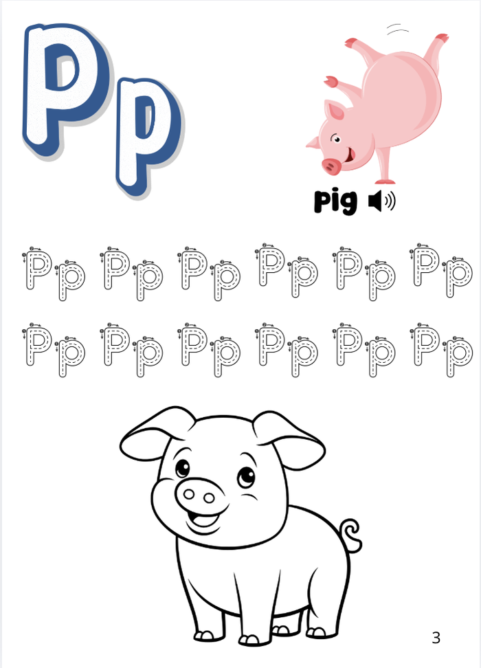 ABC book page with the letter Pp, a pig picture and dotted lines for tracing the letter