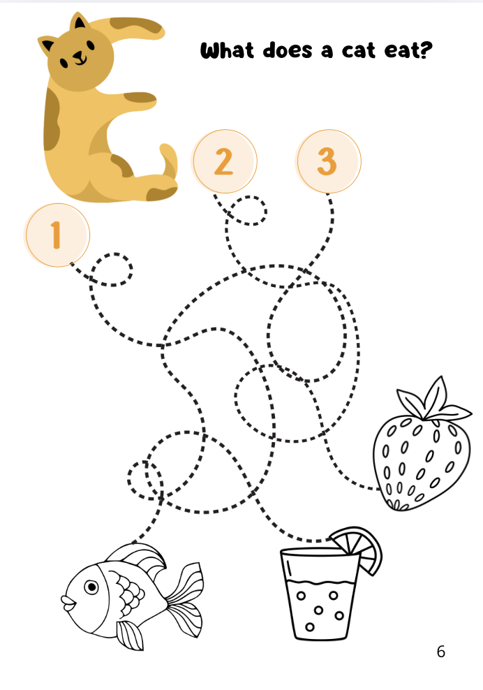 Creative task from the ABC book: a “What does a cat eat?” maze with pictures to colour