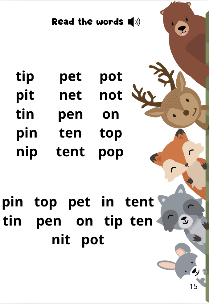 ABC page “Read the words” with a list of short English words and an audio icon